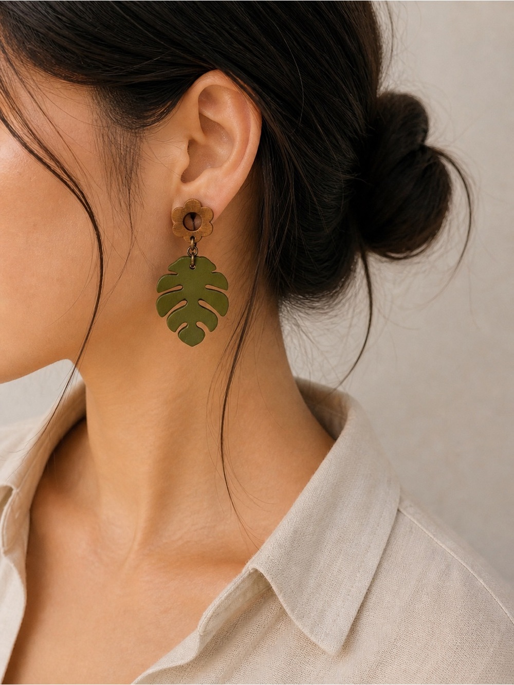 Hand Crafted Olive Green Monstera Leaf Drop Earrings